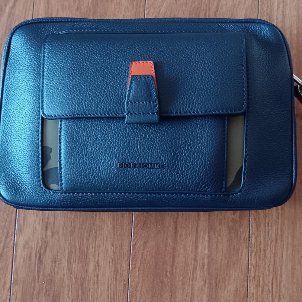 DIOR Navy Leather and Camo Portfolio Clutch Bag